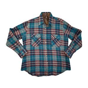Vintage 70s Briggs Wool Blend Flannel Shirt Men L Brown Blue Plaid Button Up